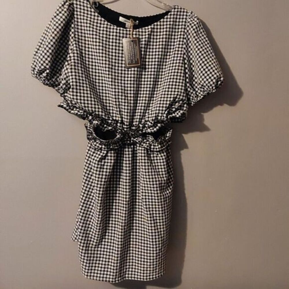 NWT Women's LALAVON 2 Piece Ruffle Gingham Black & White Dress Size Large